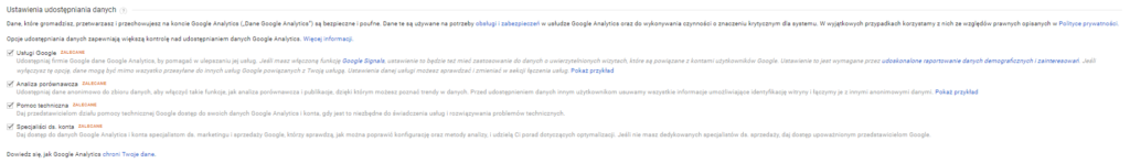 Ustawienia udostępniania danych Google Analytics