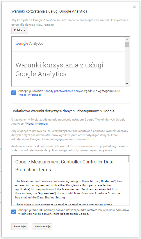 Warunki korzystania z usługi Google Analytics